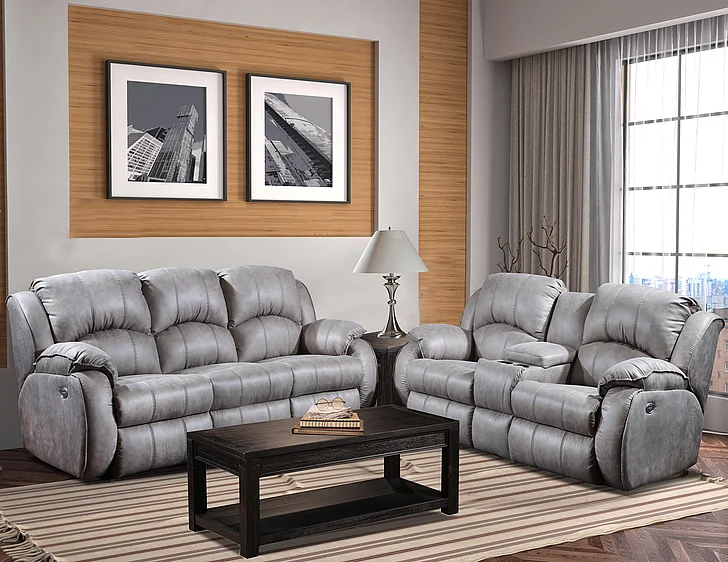 Southern Motion Cagney Power Headrest Double Reclining Sofa and Console Loveseat in Nickel 705-61P,78P 173-09