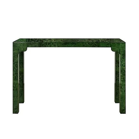 Worlds Away Parsons Style Console Table with Decorative Apron in Emerald Burl Wood EVELYN EBW