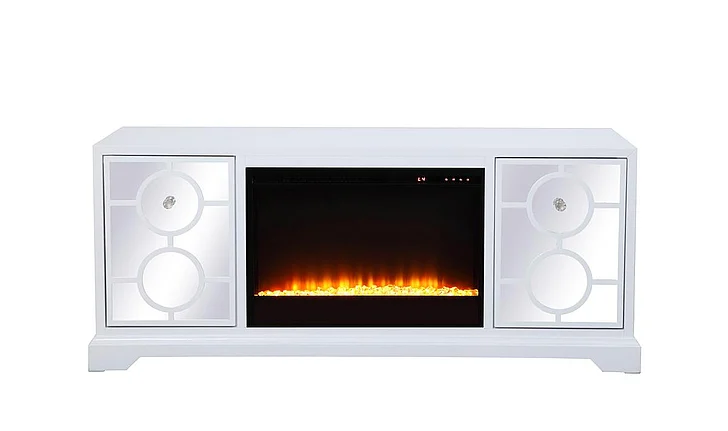 Elegant 60 In. Mirrored TV Stand with Crystal Fireplace Insert in White MF801WH-F2 CLOSEOUT