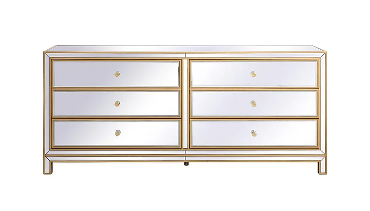 Elegant Reflexion 72 In. Mirrored Six Drawer Chest in Gold MF73672G