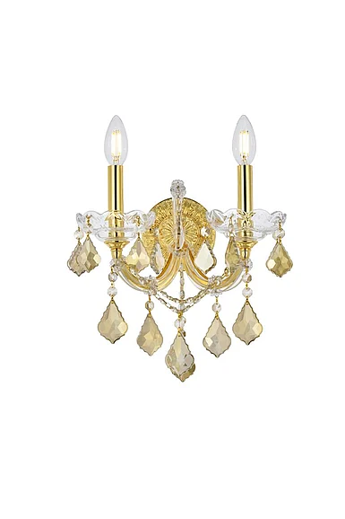 Elegant Maria Theresa 2 Light Gold Wall Sconce Golden Teak (Smoky) Royal Cut Crystal 2800W2G-GT/RC