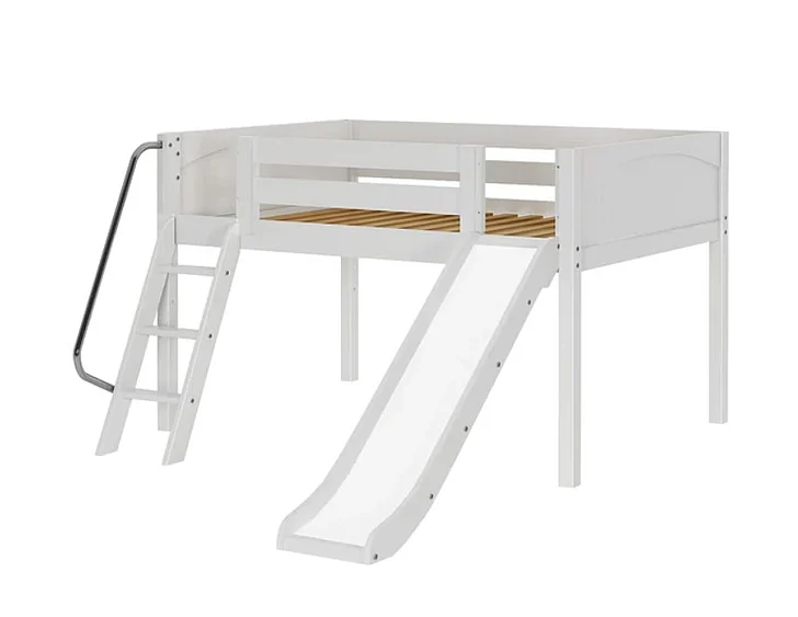 Maxtrix Bare Bone Full Size Low Loft (Low/Low) Panel Bed with Angle Ladder and Slide in White FANTASTIC WP