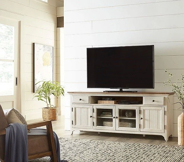 Liberty Farmhouse Reimagined Entertainment TV Stand in Antique White 652-TV72