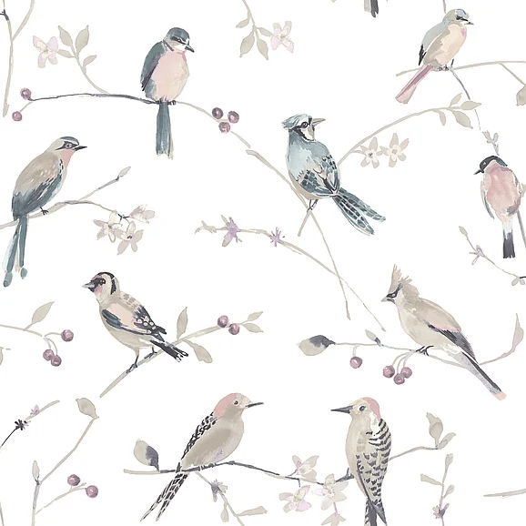 York Chesapeake Birdsong Mauve Trail Wallpaper (Double Roll) 3124-13854
