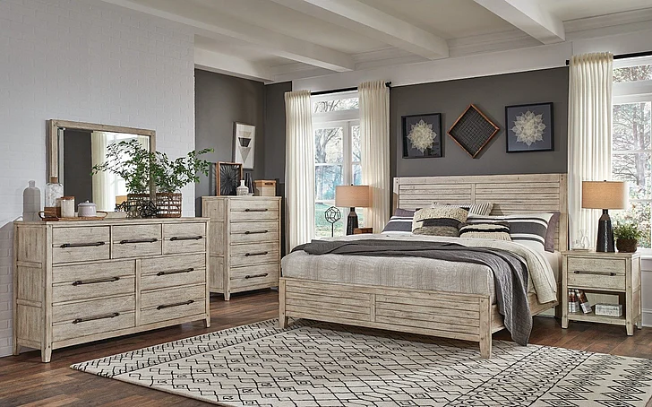 American Woodcrafters Aurora 4pc Bedroom Set - Queen Panel Bed, 1-Drawer Nightstand, Dresser and Mirror in Whitewash