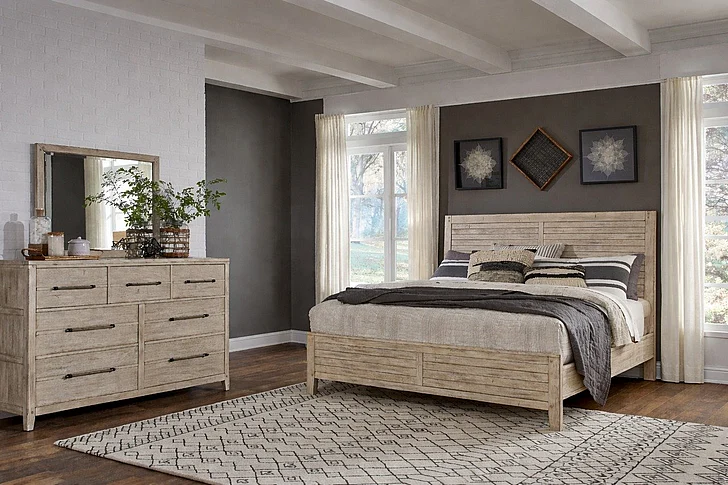 American Woodcrafters Aurora 3pc Bedroom Set - Queen Panel Bed, Dresser and Mirror in Whitewash