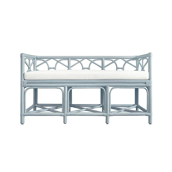 Worlds Away Decorative Bench w/ Ivory Cushion in Rattan in Light Blue FERGUSON LB