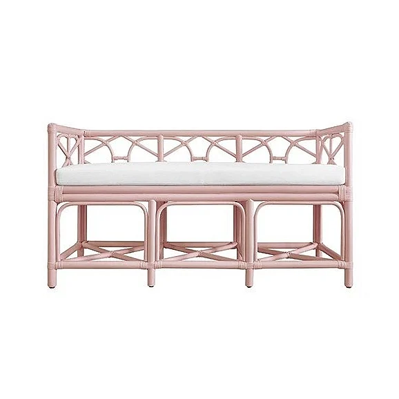 Worlds Away Decorative Bench with Performance Ivory Cushion in Painted Pink Rattan FERGUSON PI