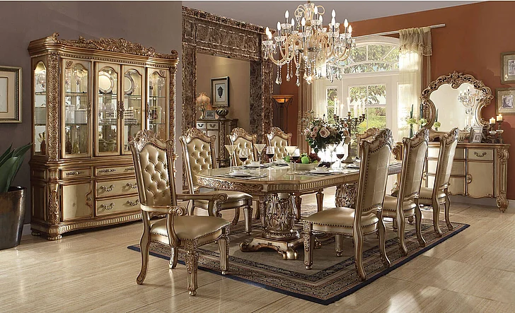 Acme Vendome 9-Piece Double Pedestal Dining Set in Gold Patina