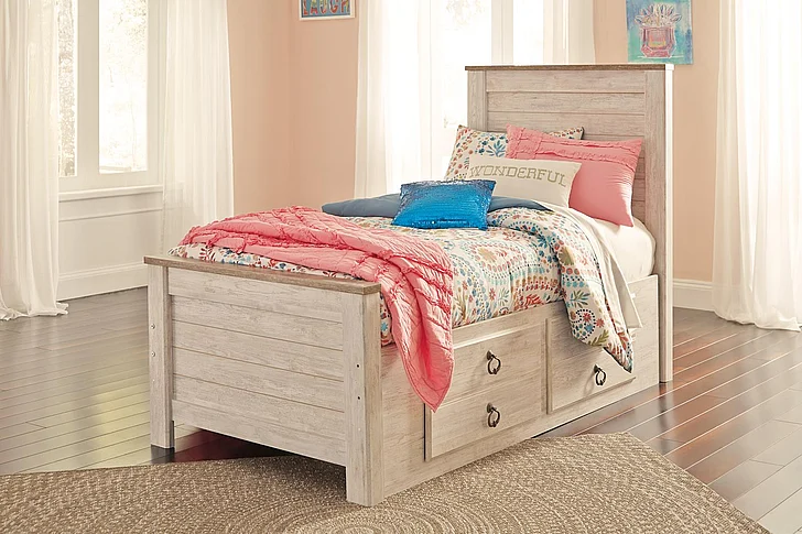 Willowton Twin Panel Bed with Storage in Whitewash B267TPS