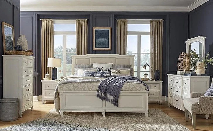 Magnussen Furniture Willowbrook 2pc Panel Bedroom Set with Upholstered Headboard in Egg Shell White