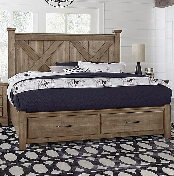 Vaughan-Bassett Cool Rustic King Barndoor X Headboard with Storage Footboard Bed in Stone Grey