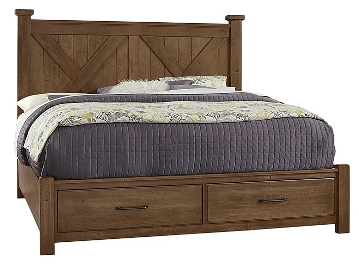 Vaughan-Bassett Cool Rustic King Barndoor X Headboard with Storage Footboard Bed in Amber