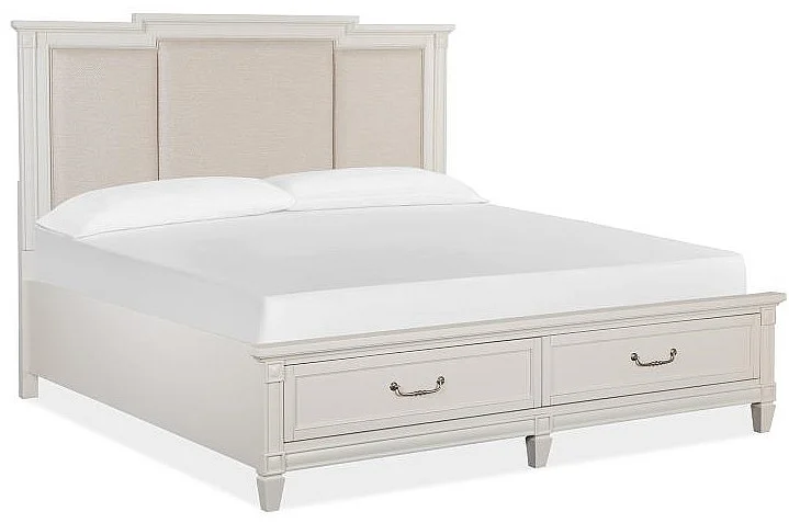 Magnussen Furniture Willowbrook Cal King Storage Bed with Upholstered Headboard in Egg Shell White PROMO