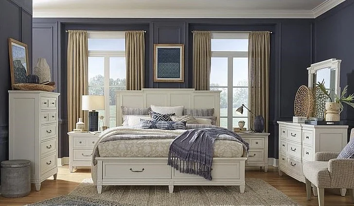 Magnussen Furniture Willowbrook 2pc Storage Bedroom Set with Upholstered Headboard in Egg Shell White