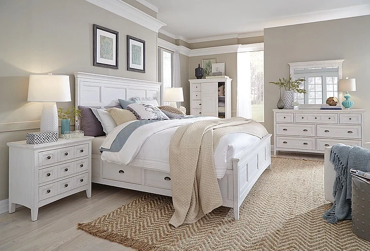 Magnussen Furniture Heron Cove 4-Piece Panel Bedroom Set w/ Storage Rails in Chalk White