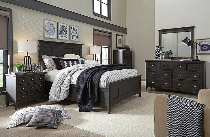 Magnussen Furniture Westley Falls 4-Piece Panel Bedroom Set w/ Storage Rails in Graphite