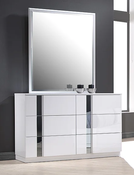 J&M Palermo Dresser and Mirror in White Lacquer and Chrome 17853-DM CLOSEOUT