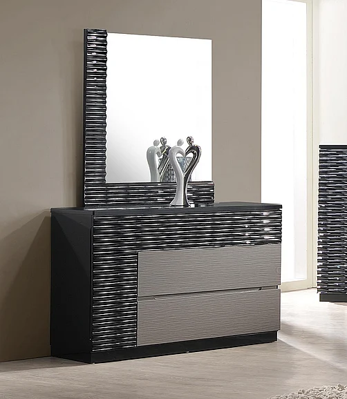 J&M Furniture Roma Dresser and Mirror in Black & Grey Lacquer 17777-DM CLOSEOUT