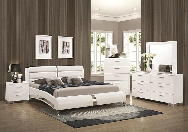 Coaster Felicity 5-Piece Panel Bedroom Set with Metallic Legs in Glossy White