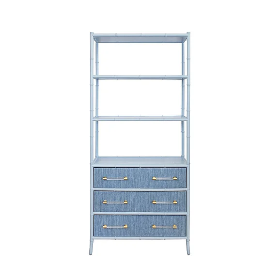 Worlds Away Three Drawer Etagere w/ Bamboo Detail in Light Blue Matte Lacquer FLYNN BL
