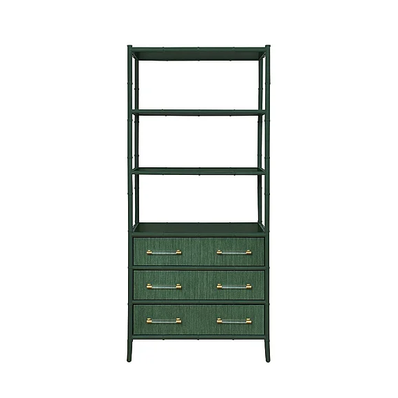 Worlds Away Three Drawer Etagere w/ Bamboo Detail in Dark Green Matte Lacquer FLYNN GR