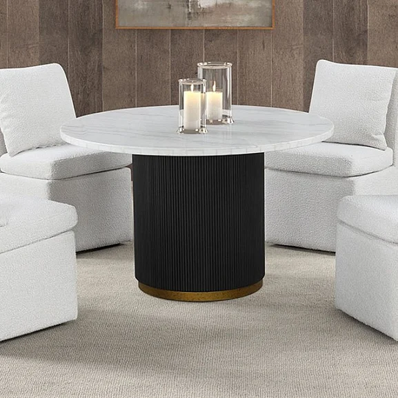Furniture of America Varde Round Dining Marble Table in Black and White FM3431WH-RT-TABLE