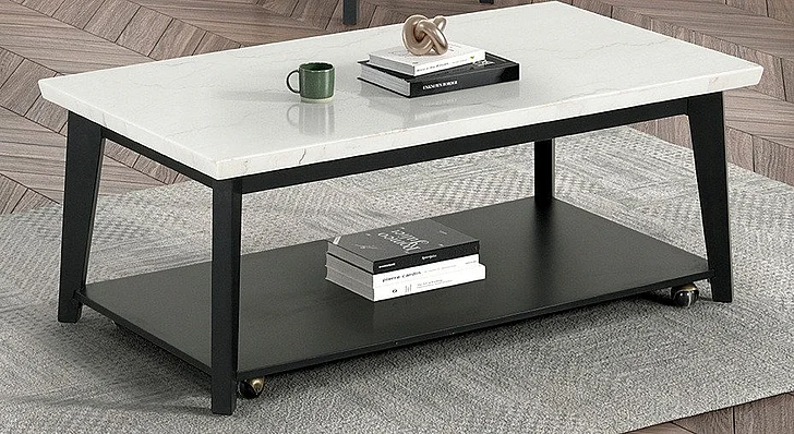 Furniture of America Thisted Rect Marble Coffee Table w/ Casters in White/Black FM44002WH-CR