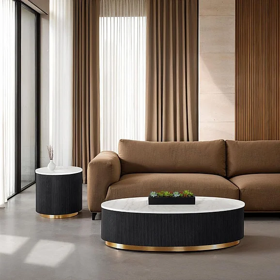 Furniture of America Virden 2pc Oval Occasional Living Room Set in Black/White/Gold