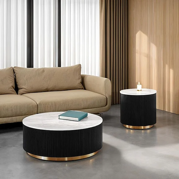 Furniture of America Virden 2pc Round Occasional Living Room Set in Black/White/Gold