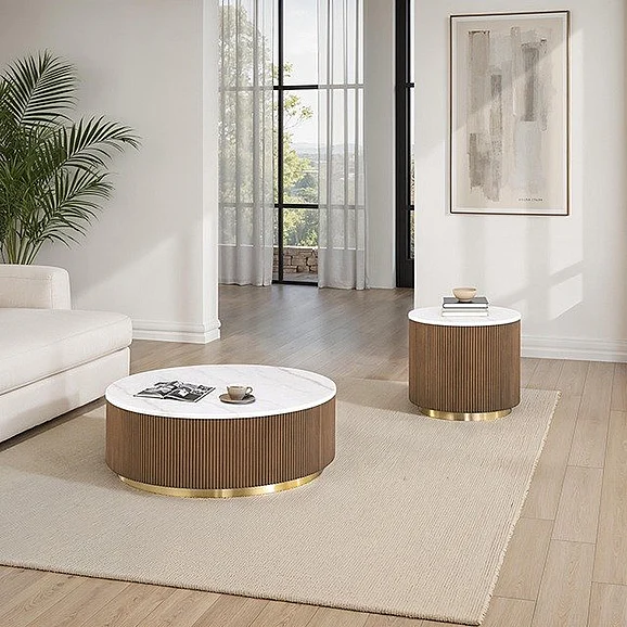 Furniture of America Virden 2pc Round Occasional Living Room Set in Brown/White/Gold