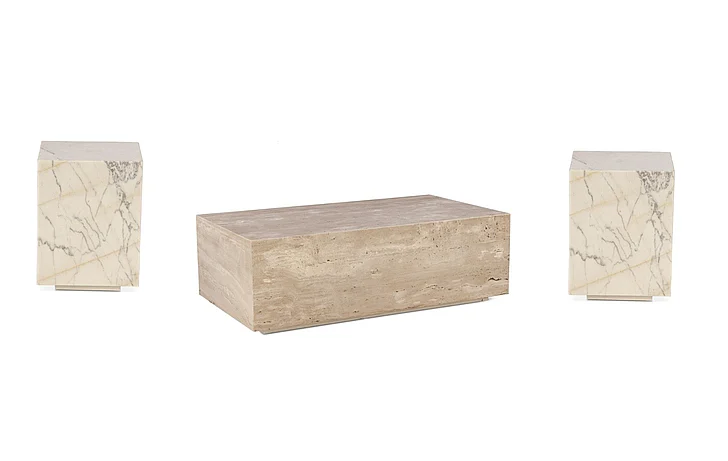 HTD Nile 3pc 50" Drum Coffee Table Set in Travertine Stone