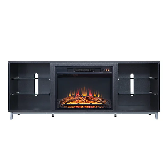 Manhattan Comfort Brighton 60" Fireplace with Glass Shelves and Media Wire Management in Onyx FP4-BL