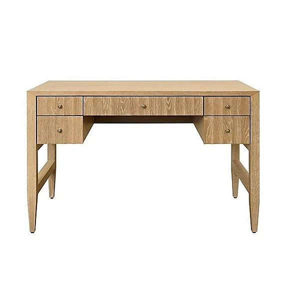 Worlds Away Five Drawer Fluted Desk with Polished Brass Hardware in Cerused Oak FRANKLIN CO