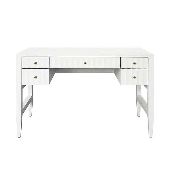 Worlds Away Five Drawer Fluted Desk with Polished Brass Hardware in Matte White Lacquer FRANKLIN WH