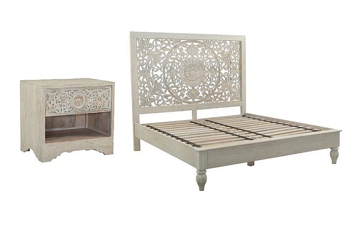 HTD Taj 2pc Bedroom Set in Hand Carved Heirloom White