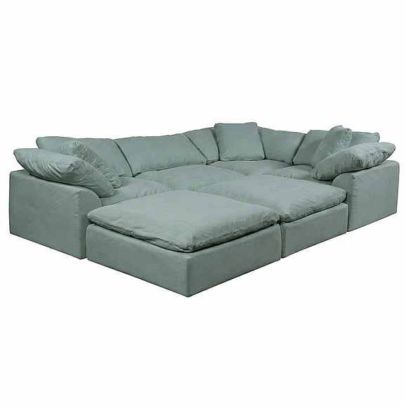 Sunset Trading Cloud-Puff 6Pc Slipcovered Modular U-Shaped Pit Sectional Sofa in Ocean Blue SU-1458-43-3C-1A-2O