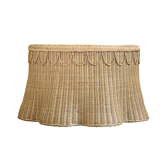 Worlds Away Round Coffee Table w/ Scalloped Detail in Natural Woven Rattan GIADA