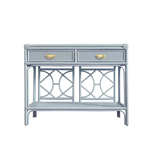 Worlds Away Two Drawer Console w/ Decorative Back in Rattan Painted Light Blue GIDEON LB