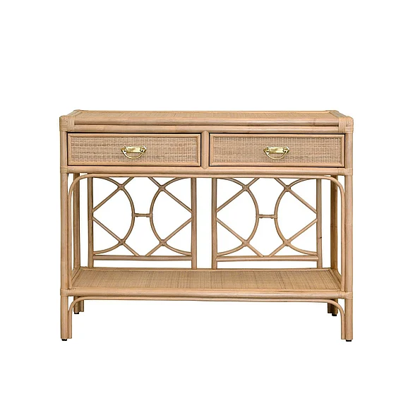 Worlds Away Two Drawer Console w/ Decorative Back in Natural Rattan GIDEON NAT