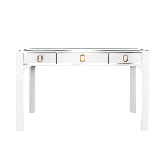 Worlds Away Curved Front Desk w/ Three Drawers in White Textured Linen GLADYS WH