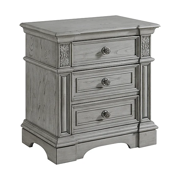 Elements International Glenmore 3-Drawer Nightstand w/ USB in Aged Grey B-14210-3-NS