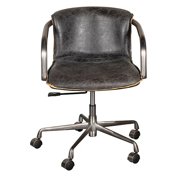 HTD Portofino Swivel Office Chair in Antique Ebony Leather and Antique Zinc GPF-OCH22AE-AZ