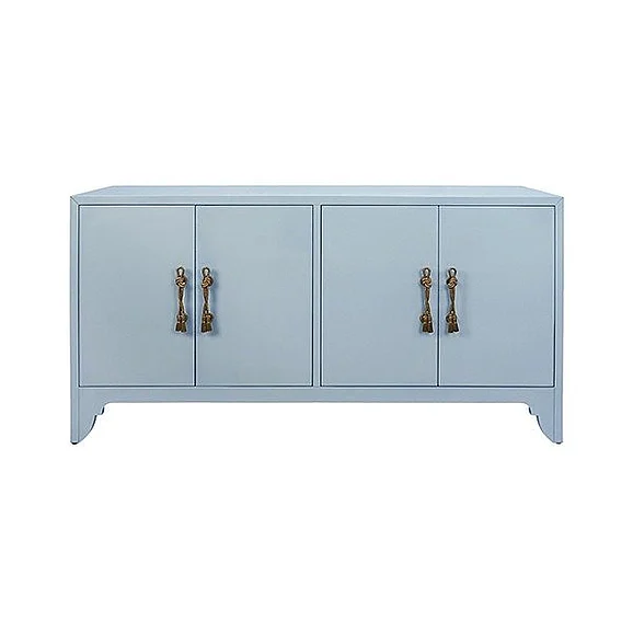 Worlds Away Four Door Buffet with Decorative Foot And Brass Tassel Handles in Matte Light Blue Lacquer GRACE LB