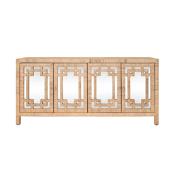 Worlds Away Four Door Buffet w/ Mirror Front Doors and Wrapped Rattan GRANADA NAT