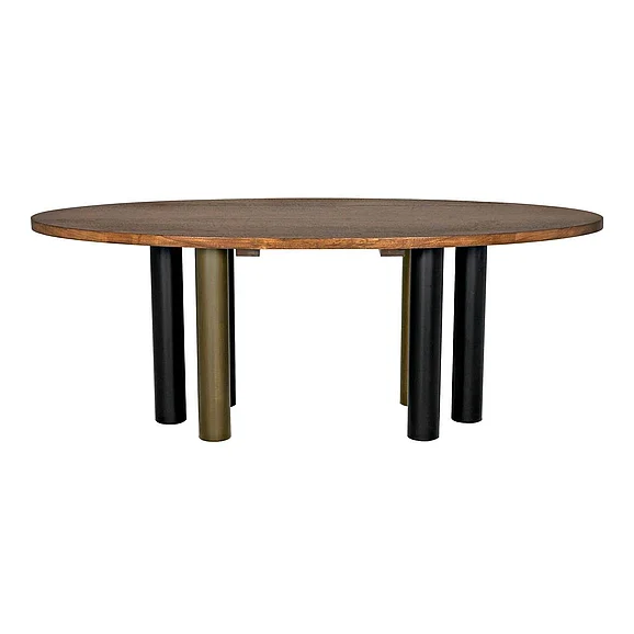 Noir Furniture Journal Oval Dining Table, Dark Walnut with Black & Aged Brass Steel Base GTAB572DW CLOSEOUT