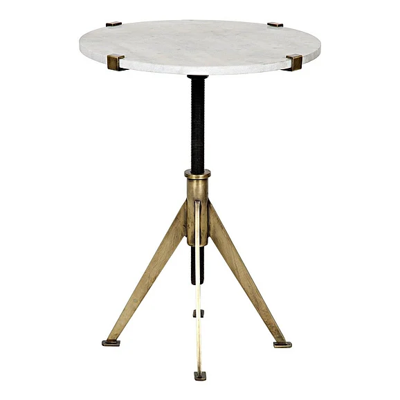 Noir Furniture Edith Adjustable Side Table, Small in Antique Brass and White Marble GTAB679MB-S