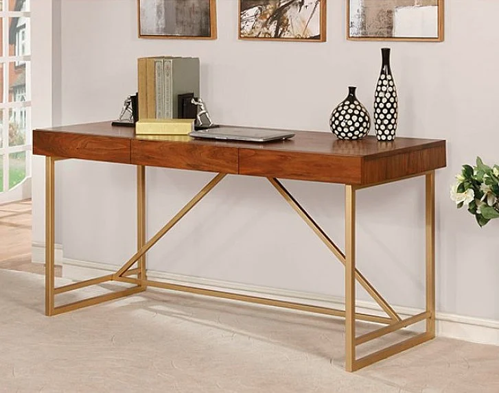Furniture of America Halstien Writing Desk in Light Walnut/Gold CM-DK6447