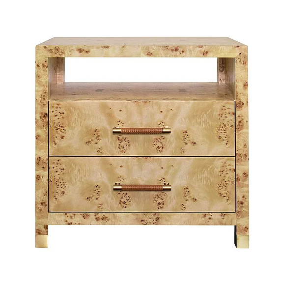 Worlds Away Two Drawer Side Table w/ Rattan Wrapped Handles in Burl Wood HANCOCK BW