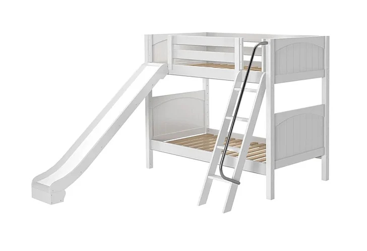 Maxtrix Bare Bone Twin Size Medium Bunk (2 Low/2 High) Panel Bed with Angle Ladder and Slide in White HAPPYWP